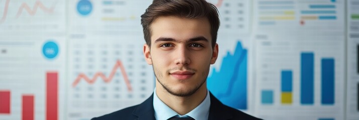 Young businessman poses confidently in office setting showcasing financial data background