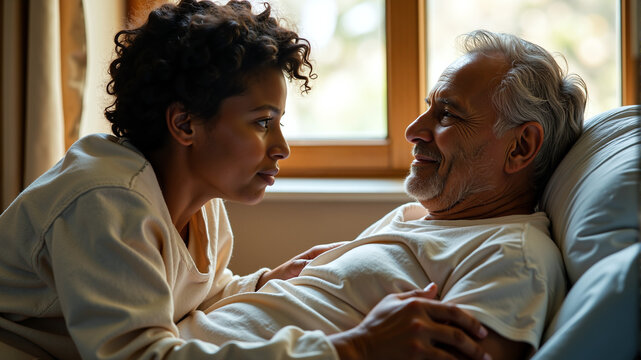 Young black woman leaning in to care for an elderly man lying in bed in a bright room. Concept of caregiving, intergenerational love, and support during recovery - Powered by Adobe