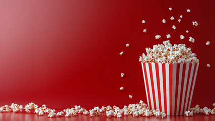 popcorn in package on red background, concept of relaxation and watching movies