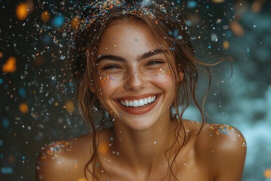 A happy woman surrounded by colorful confetti, perfect for celebrations and joyous occasions