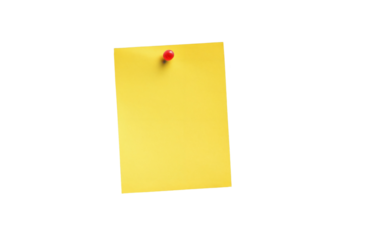 A yellow note paper pinned with a red pushpin on a transparent background