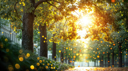 Obraz premium Magical autumn sunset in tree lined park alley with golden sunlight streaming through colorful fall foliage, creating dreamy bokeh effect and atmospheric sunbeams along peaceful pathway