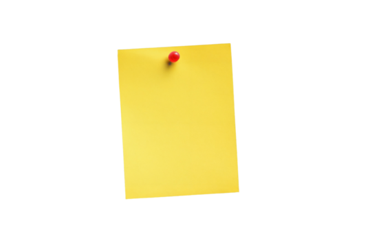 A yellow note paper pinned with a red pushpin on a transparent background
