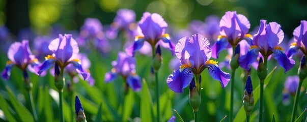 A bed of purple and blue irises with lush green foliage, irises, natural, blooms