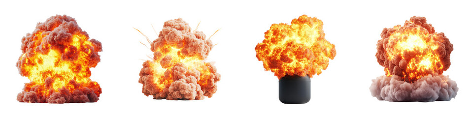A series of explosive fireballs showcasing various stages of an explosion with vibrant flames and billowing smoke.