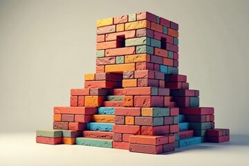 A tower composed of small colored bricks forming a mosaic wall with uneven sides, irregular_pyramid, architectural_detail, artistic_arrangement