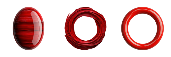 Three red rings showcase varying alternative, highlighting rich textures and vibrant hues.