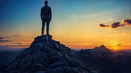 Silhouette of person standing on mountain peak at sunset, overlooking scenic range with dramatic sky. Adventure concept showing achievement, exploration, and triumph.