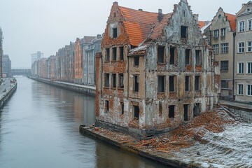 Naklejka premium A historic structure situated alongside a flowing waterway