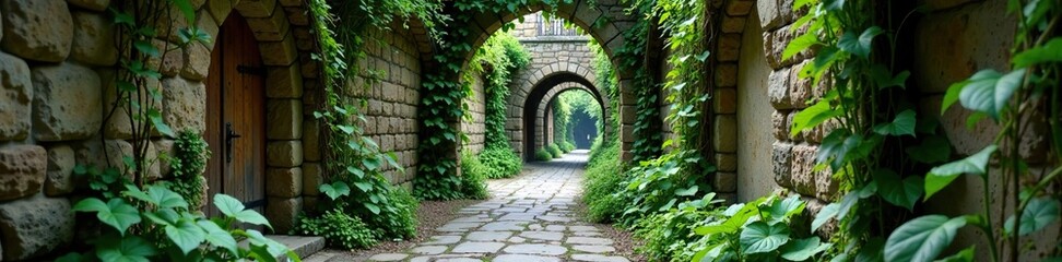 Ancient stone alleyway with moss covering the walls and vines crawling up, moss, ancient, wall