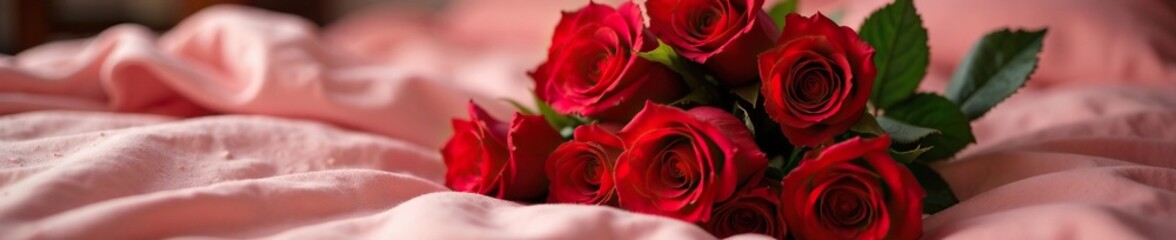 Naklejka premium A bouquet of bright red roses in a luxurious bed, flowers, bedding