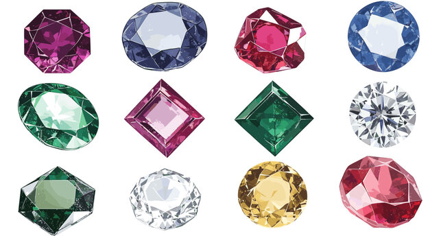Vector set of precious expensive stones of different crystals shapes sapphire diamond ruby ​​crystal carat emerald yellow green blue gold pearl sparkles on a white background