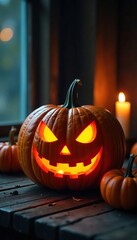 Obraz premium Dark eerie pumpkin lit by candle on wooden table, spooky atmosphere, wood, pumpkins