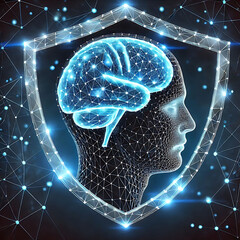 Human brain in guard shield. Cyber security concept with glowing low poly brain and shield on dark blue background. Wireframe low poly design. Abstract futuristic vector illustration.
