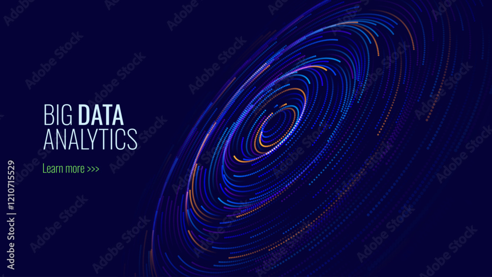 Poster Abstract Digital Technology. Circles Data Flow. Futuristic Circular Sound Wave. Big Data Visualization. 3D Virtual Space VR Cyberspace. Crypto Currency Blockchain Concept. Vector Illustration.