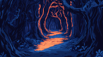 Dark forest path lined with ancient trees, shadowy depths, eerie ambiance. Ancient Forest. Illustration