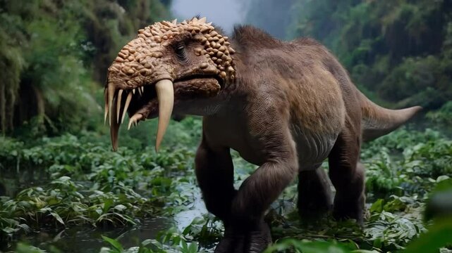Uncovering a Prehistoric Creature in a Lush Jungle Habitat Near a Winding River at Dawn
