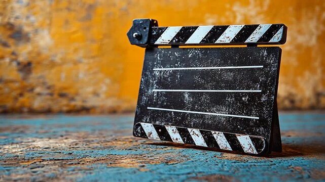 A vintage film clapperboard resting on a textured surface.