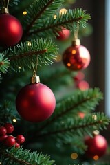 Fototapeta premium Ornaments hang from the boughs of a Christmas tree, berries, baubles