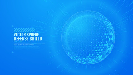 Geometric Dome Shield on a Dark Background. Futuristic Glowing Protection 3D Sphere. Technology Style HUD Design Element. Hexagon Force Field Shield. Vector Illustration. Digital Security Concept. © ec0de