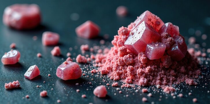 Dark background with scattered raw zeolite mesolite stones and powder, landforms, Zeolites, minerals
