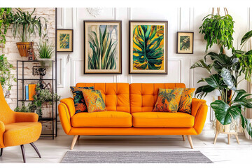 Pomarańczowa sofa w salonie, obrazy z kwiatami na ścianie