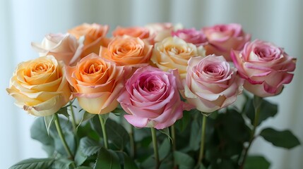 Beautiful fresh roses in peach, orange and pink colors arranged in elegant bouquet, perfect for wedding decor, romantic greeting cards or floral design backgrounds.