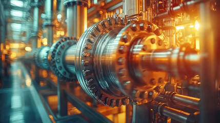 Industrial pipeline system with modern flanged connection in manufacturing facility. Technology, engineering and automation concept showing machinery maintenance, quality control industry optimization