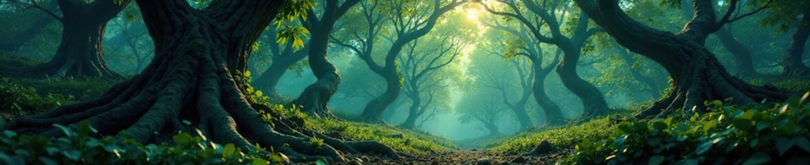 Obraz premium Dark forest with twisted tree trunks and vines, trees, dark, greenery