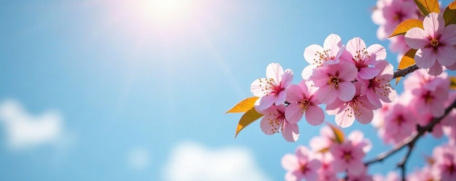 Blooming cherry blossoms against a clear blue sky with warm sunshine, yellow, flowers, nature - Powered by Adobe