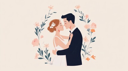 Couple embracing, wedding, floral frame, beige background, invitation