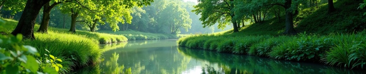 Lush vegetation frames the river's gentle curve, tranquil scene, trees, foliage