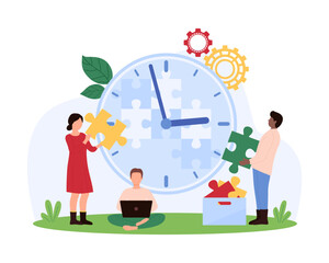 Time management, office teamwork to organize working hours, manage project, control schedule. Tiny people holding colorful pieces to complete puzzle inside big clock cartoon vector illustration