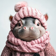 Cozy Hippo Basking in the Joy of a Winter Wonderland Scene