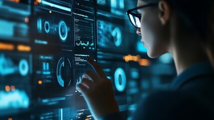 A woman in glasses interacts with a large display showing complex data visualizations and charts, suggesting data analysis or technological monitoring.