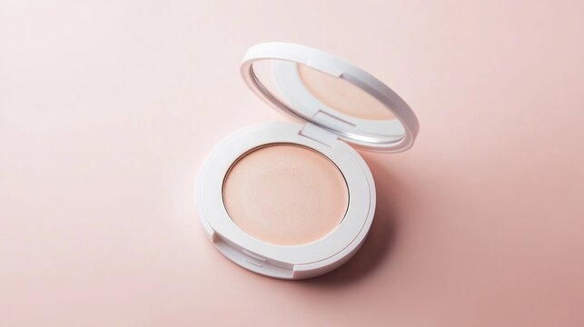 Blush compact open on pink background, beauty product