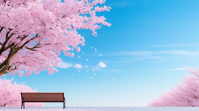Sc&egrave;ne de tranquillit&eacute; avec un cerisier en fleur, une vue d&eacute;gag&eacute;e sur un ciel bleu et un banc. Beau fond d'&eacute;cran.