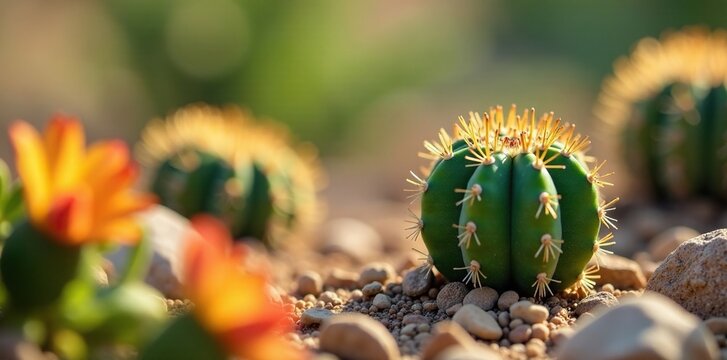 Desert garden abounds with life, as a tiny green cactus thrives in the harsh environment, adapted to survive, plant, flora, nature