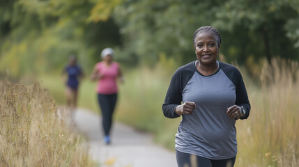 Fototapeta premium Aging black african american woman, walking on a walking trail, exercise outdoors, some other people in background. Elderly black woman in good health, walking or jogging outdoors. Senior black woman.