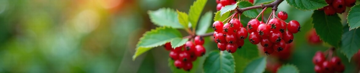 Obraz premium Branches of a shrub covered in clusters of chokeberry and aronia berries, flowers, leaf