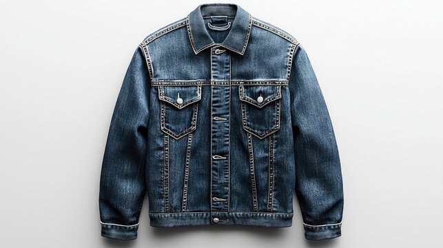 Classic denim jacket displayed against a neutral backdrop, showcasing its design and texture, ideal for fashion promotions