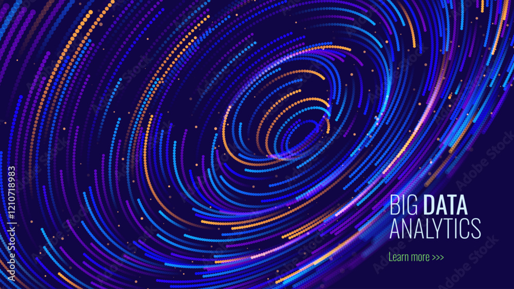 Poster Abstract Digital Technology. Circles Data Flow. Futuristic Circular Sound Wave. Big Data Visualization. 3D Virtual Space VR Cyberspace. Crypto Currency Blockchain Concept. Vector Illustration.