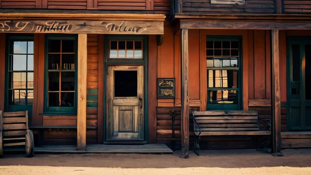 Rustic saloon building with wooden porch, windows, and benches in a deserted wild west ghost town