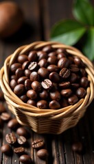 Fototapeta premium Aromatic roasted coffee beans in a woven basket, texture, natural