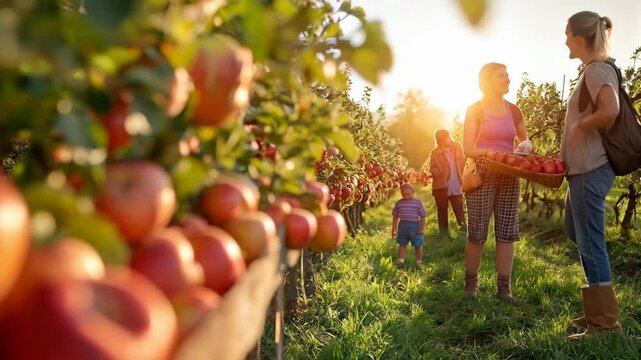Family harvests ripe apples in sunny orchard at sunset