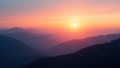 Fototapeta premium Early morning light peeks over mountain ridges, sunrise photography, landscape photography, sky