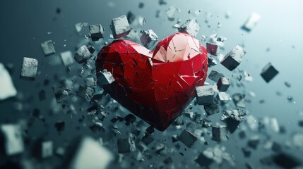 Shattered red heart with exploding debris symbolizing emotional fragility and impact