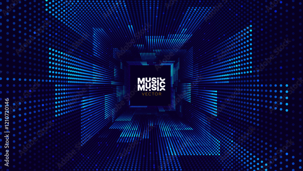Poster Square Frame Border Blue Lights DJ Party Flyer Background. Rectangle Tunnel Big Data Backdrop. Abstract Blue Digital Background. Computer Digital Tunnel Technology Vector Illustration.