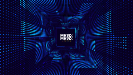 Fototapeta premium Square Frame Border Blue Lights DJ Party Flyer Background. Rectangle Tunnel Big Data Backdrop. Abstract Blue Digital Background. Computer Digital Tunnel Technology Vector Illustration.