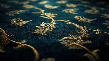 Dark teal fabric, gold floral pattern, close-up, interior design, texture